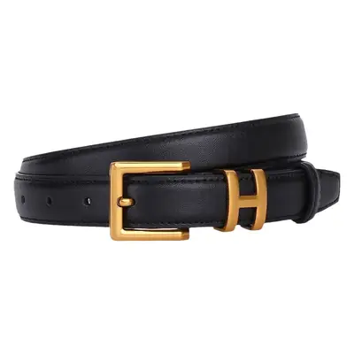 H-Style Women's Black Leather Belt with Gold Buckle
