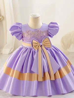 Girls' Pink Satin Bow Dress with Lace Puff Sleeves
