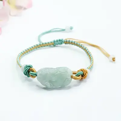 Green Jade Pixiu Hand Rope Bracelet with Gold Plated End