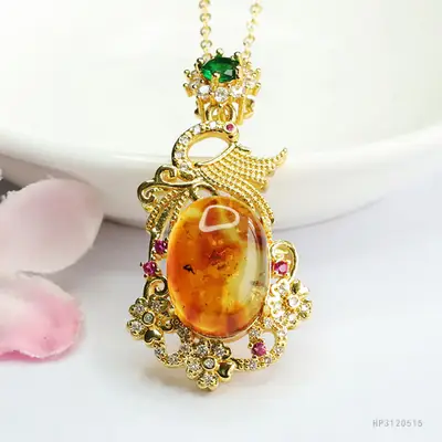 Natural Amber Pendant Necklace Phoenix Design Gold Plated