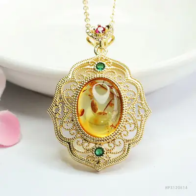 Guan Yu Natural Amber Pendant Necklace for Women