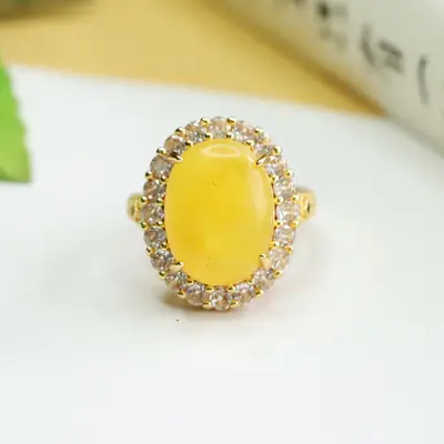 Aiyu Natural Amber Ring with Diamond Set