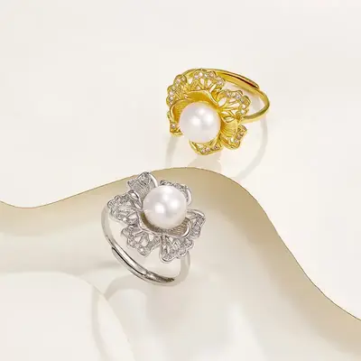 Gold Pearl Flower Ring for Women Open Index