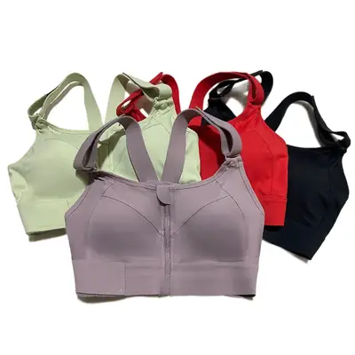 Plus size American high-strength shockproof sports underwear women's running training yoga YKK front zipper Velcro bra