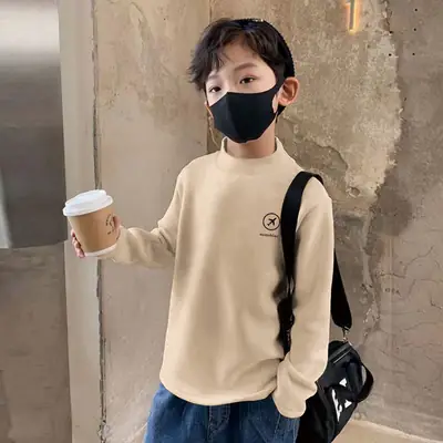 2024 Winter Long Sleeve T-Shirt for Boys Brown Velvet Bottom