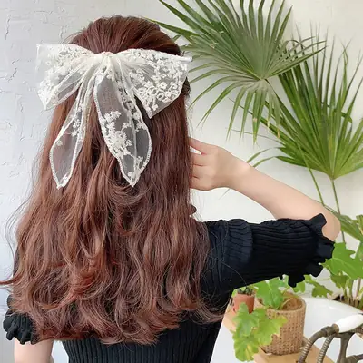 Lace Bow Hairpin with Embroidered Rubber Band