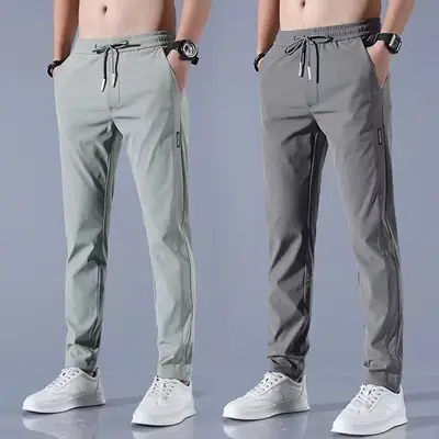 Men Black Ice Silk Stretch Pants Summer Casual