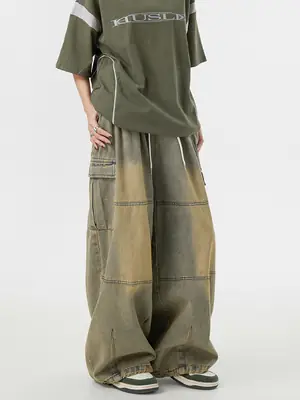 Vintage Yellow Mud Wide Leg Jeans American Style