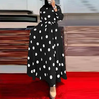 2026 Amazon Aliexpress Polka Dot Women's Long Sleeve Loose Flared Dress Ethnic Style Dress