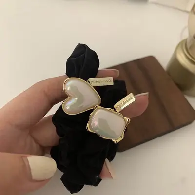 Black Heart Pearl Hair Scrunchie with Gold Plated Design