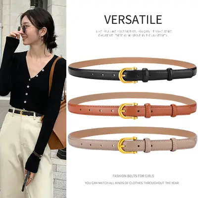 Korean Style Women's Leather Belt with Gold Buckle