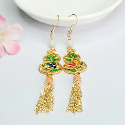 Guan Yu Jade Earrings with Enamel Gourd Hooks