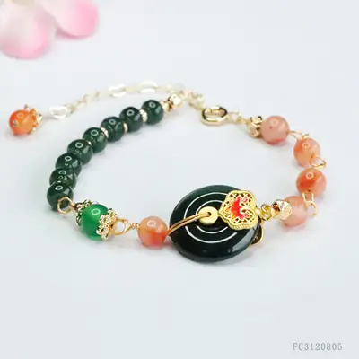 Guan Yu Jadeite Blue Bracelet with Pink & Orange Beads