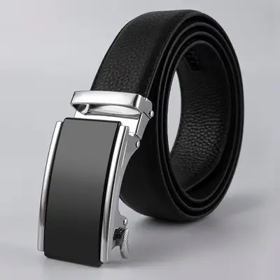 Men's Black Leather Belt with Logo Buckle