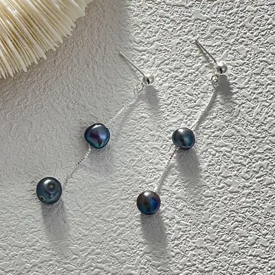 925 Sterling Silver Blue Black Pearl Tassel Earrings Women Elegant Fashion