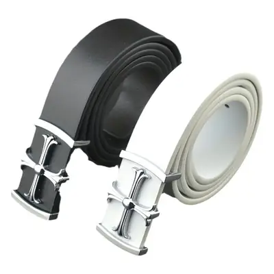 Classic Men's Genuine Leather Belt Black White Buckle