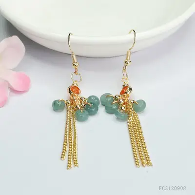 Guan Yu Natural Jade Earrings Blue Water Abacus Tassel Ear Hook