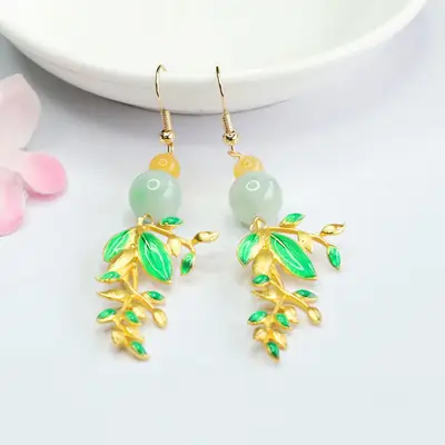 Jade Earrings with Green Enamel Leaf Design
