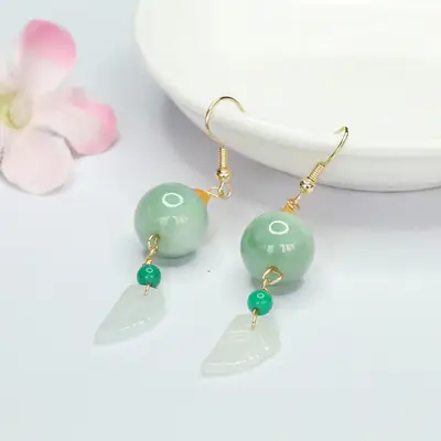 Natural Jade Leaf Earrings Green Hook Dangle
