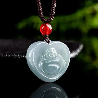 Natural Jade Buddha Heart Pendant Blue Water Glitter