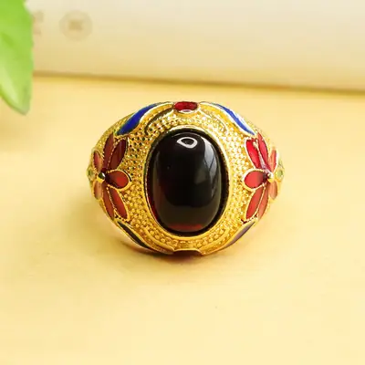 Ethnic Amber Ring with Red Floral Design