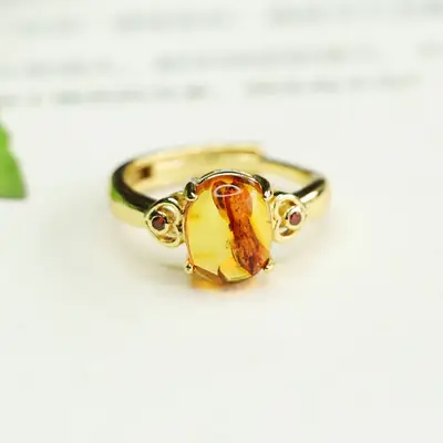 Amyrte Natural Amber Ring for Women Gold Plated