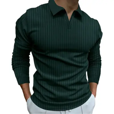 Men Blue Striped V Neck Polo Shirt Long Sleeve