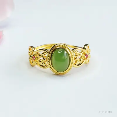 Guan Yu Jade Ring Green Emerald Gold Plated