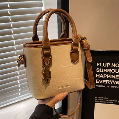Women's White Leather Bucket Bag with Strap