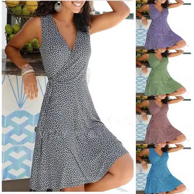 Women's Floral Belted V-Neck Dress Multi Color