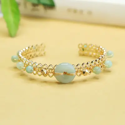 Jadeite Peace Buckle Bracelet Gold Plated Green Beads