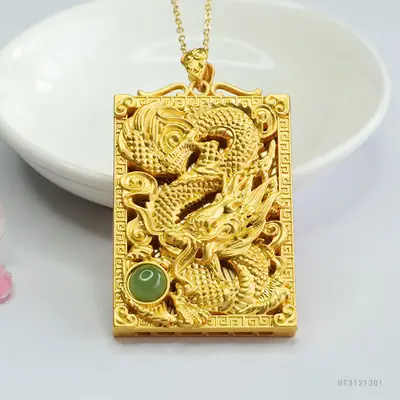 Guan Yu Dragon Pendant Necklace Gold Jade Jasper Zodiac