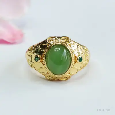 Guan Yu Jade Ring with Green Stone & Gold Plated Design