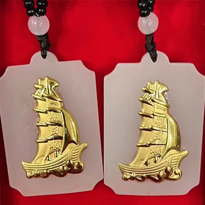 Gold Inlay Jade Sail Pendant Necklace for Men