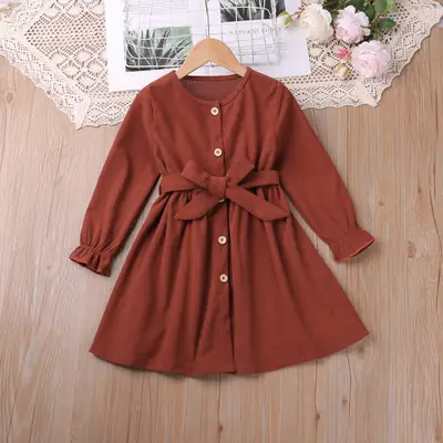 2024 Long-Sleeved Corduroy Belt Dress for Girls