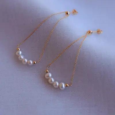 Vintage Pearl Earrings Gold Plated Silver Pin Long Chain