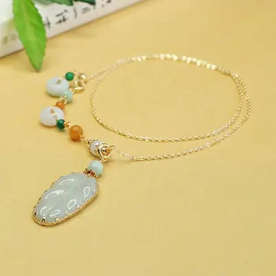 Jade Leaf Necklace with Green Beads for Women