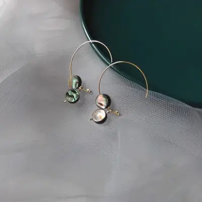 Natural Abalone Shell Earrings 14k Gold Round Circle Hong Kong Style