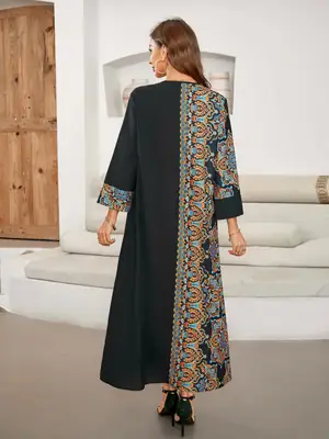 Cross-Border Hot-Selling Printed Patchwork Long Dress Elegant Long Skirt