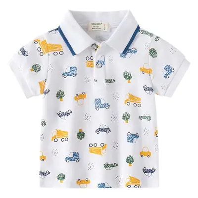 New Boys Printed Polo Shirt White Blue Short Sleeve