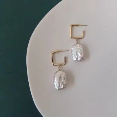 Natural Baroque Square Pearl Earrings Women Geometric Fashion