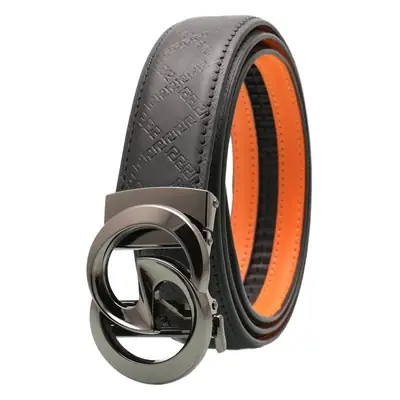 Men's Black Leather Belt with Gold Buckle & Orange Inner