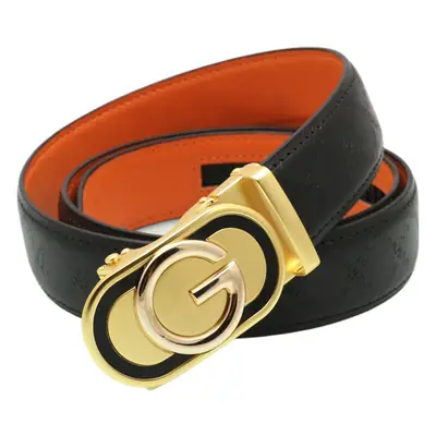 Men's Black Orange Leather Belt with Silver Buckle