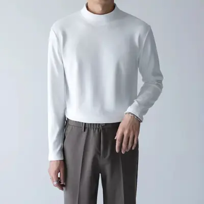 Men's White Fleece Warm T-Shirt Semi-high Collar Long Sleeve