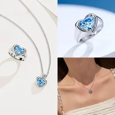 Heart Shaped Blue Diamond Necklace & Ring Set for Women