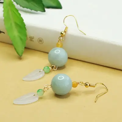 Aiyu Jade Leaf Earrings Green Leaf Drop Design