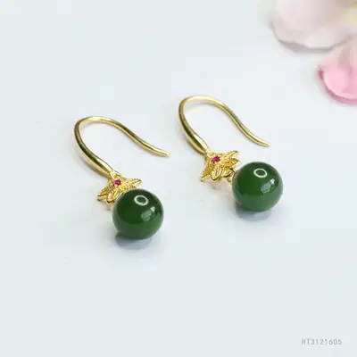 Guan Yu Jade Earrings Green Bead Gold Plated