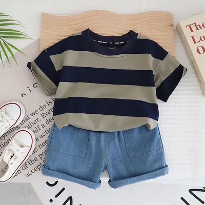 Boys Striped Cotton Shorts Set Blue Denim