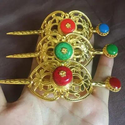 Nepal Handmade Gold Plated Hairpin with Red Turquoise Stones