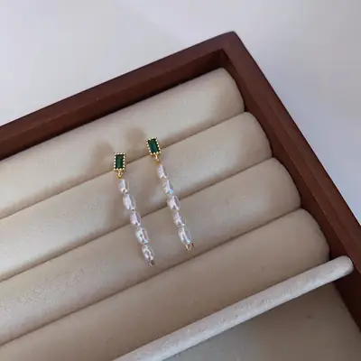 New Chinese Style Pearl Earrings Green Zircon Long Dangle